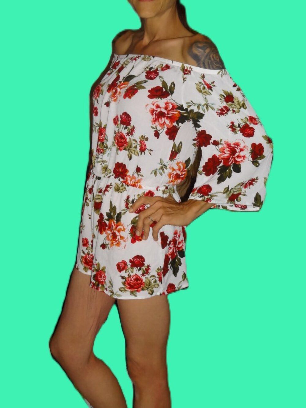 Ambience White Floral Off Shoulder Shorts Romper Size L | Elastic Waist